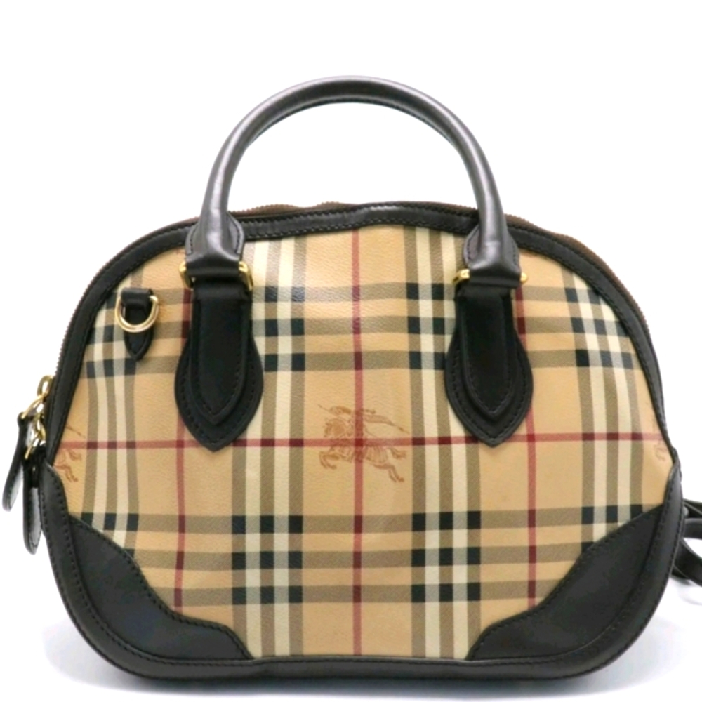 BURBERRY LEATHER & CHECK CANVAS BOWLER BAG